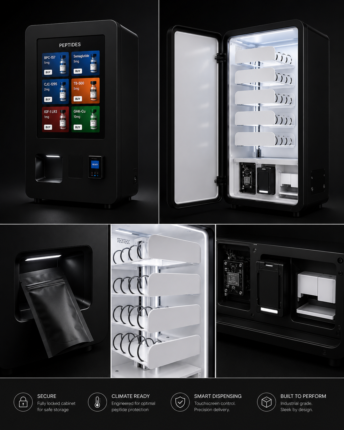 R3genBox machine details: secure cabinet, climate control, smart dispensing, internal components